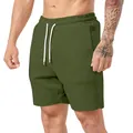 Detail van olijfgroene corduroy herenshort met wit trekkoord en elastische taille. - S / Bottoms / Legergroen