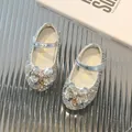 Chaussures de danse argentées brillantes pour filles avec nœud à paillettes et strass - Argent