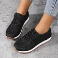 Baskets pailletées noires pour femmes avec semelles blanches épaisses et lacets pour le loisir. - 36 / Noir