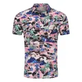 Close-up of men's tropical print Hawaiian shirt with palm trees and sailboats - M / Tops / Tropical Island Style (Pink/Blue/Black/White)