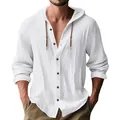 Men's casual breathable white linen hooded shirt with long sleeves and brown drawstrings - S / Tops / White