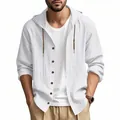 Detailansicht eines weißen Leinen-Herrenhemdes mit Kapuze und langen Ärmeln im Casual-Stil. - 2XL / Oberteile / Weiß