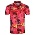 Vibrant red Hawaiian shirt with tropical sunset print and front chest pocket detail - M / Tops / Tropical Beach Style (Red/Pink/Orange)
