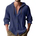 Detailansicht eines blauen Herren-Leinenhemdes mit Kapuze und Kordelzug für Männer - Marineblau
