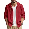 Detailed frontal view of a men's red hooded linen shirt with drawstrings and buttons - 2XL / Tops / Red