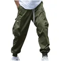 Detailed view of army green cargo pants with multiple pockets and drawstring - Army Green