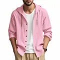 Detailansicht eines rosa Kapuzenhemdes aus Leinen für Herren mit Kordelzug und Knöpfen - 3XL / Oberteile / Rosa