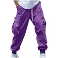 Front view detail of purple cargo pants showing large side pockets and drawstring. - Purple