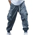 Men's loose cargo pants with multiple pockets and drawstring waist in dark grey blue - Aqua