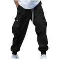 Front view of black men's cargo jogger pants with pockets and white drawstrings - S / Bottoms / Black