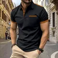 Men's casual polo shirt with chest pocket and contrast trim in black and camel color. - S / Tops / Black