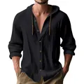Casual men's solid black hooded long sleeve shirt made of breathable cotton linen fabric - S / Tops / Black