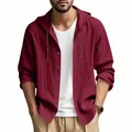 Detail of men's burgundy hooded cotton linen shirt with drawstring and buttons - 2XL / Tops / Burgundy