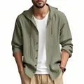 Detailansicht der salbeigrünen Baumwoll-Leinen-Kapuzenjacke für Herren mit Kordelzug - 2XL / Oberteile / Armeegrün