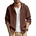 Lässiges braunes Kapuzenhemd für Herren aus Baumwolle und Leinen - 2XL / Oberteile / Braun