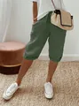 Vue détaillée du pantalon capri vert en coton et lin pour femme avec cordon élastique - S / Bas / Vert Militaire