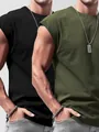 Close-up view of a two-piece set of men's sleeveless tank tops in black and olive green. - S / Tops / 2PCS / Black + Army Green