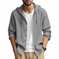 Detailansicht eines grauen Leinen-Kapuzenhemds für Herren mit Knopfverschluss - 3XL / Oberteile / Dunkelgrau