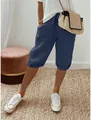 Pantalon court en coton et lin bleu marine avec taille élastique et poches pour femmes - S / Bas / Bleu foncé