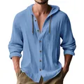 Men's light blue casual hooded cotton linen shirt with drawstring and buttons detail - 2XL / Tops / Denim Blue