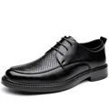 Elegant men's breathable black leather dress shoes with stylish hollow out design for business - 38 / Black Hollow Style