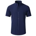 Dark blue short sleeve men's business shirt featuring four-way stretch and non-iron fabric - Navy Blue