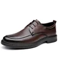Men's brown breathable hollow leather business dress shoes in a classic lace-up style - 38 / Brown Hollow Out