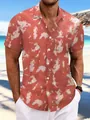 Detail view of a men's red tie-dye short-sleeve beach shirt with casual lapel collar - S / Tops / Burgundy