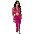 Vibrant fuchsia two-piece set featuring a ruffled crop top and high slit pleated skirt - S / Top And Bottom / Rose Purple