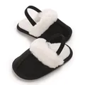Top-down view of cozy black baby slippers with white faux fur trim and straps. - Insole Length 11cm / Black