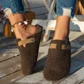 Fashionable brown fuzzy teddy fleece clogs with adjustable buckle strap for women - Brown