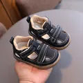Retro black leather baby sandals with closed-toe breathable hollow design and rubber sole - Inner Length 11.5cm Size 16 / Black (MT07)