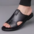 Men's black leather non-slip casual beach sandals with soft sole and open-toe design - 38 / Hollow Style (803) / Black