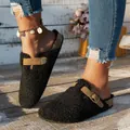 Premium women's black fuzzy boucle clogs with adjustable strap and cork sole for fall - Black