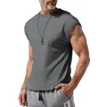 Detail view of men's loose grey sleeveless T-shirt vest on a muscular male model - S / Tops / Dark Gray