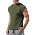 Detail view of men's olive green sleeveless t-shirt with loose fit and crew neck - S / Tops / Army Green