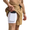Detailweergave van heren 2-in-1 hardloopshort met binnenvoering en telefoonzakje - Khaki