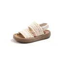 Chic girls' retro crochet sandals with soft thick soles and cute pom-pom trim detail - Size 21 (14cm) / Beige