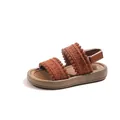 Retro bohemian woven girls' sandals with pom-pom trim in caramel brown soft sole - Size 26 Inner Length 16.5CM / Brown