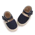 Detailed view of navy blue baby princess shoes with lace texture and cute bow - Blue