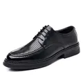 Classic black men's breathable hollow leather dress shoes for business formal wear - Black Hollow