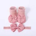 Vista detallada de calcetines rosa para bebé y diadema a juego con lazos decorativos - S / 0-6 Meses (Longitud Suela 8cm) / Rosa Coreano