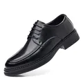 Elegant men's black leather business dress shoes featuring round toe and soft sole - Black Four Seasons