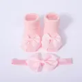 Calcetines rosa para bebé con lazo y juego de diadema a juego para niñas recién - S / 0-6 Meses (Longitud Suela 8cm) / Rosa