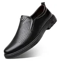 Classic black men's leather loafers with breathable perforated design and soft sole - 38 / Hollow Style / Black