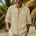 Vintage beige linnen herenhemd met lange mouwen en decoratieve knopen voor casual strandkleding. - S / Tops / Khaki