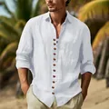Gedetailleerde weergave van een heren casual wit linnen hemd met lange mouwen en knopen. - S / Tops / Wit