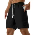 Zwarte heren sportshort met wafeltextuur, wit trekkoord en zijzakken. - S / Bottoms / Zwart
