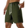 Casual herenshort in olijfgroen met wafelstructuur en elastische taille met koord - S / Bottoms / Legergroen