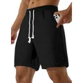 Detail von schwarzen Waffel-Strick-Herrenshorts mit praktischer Handy-Seitentasche - S / Unterteile / Schwarz